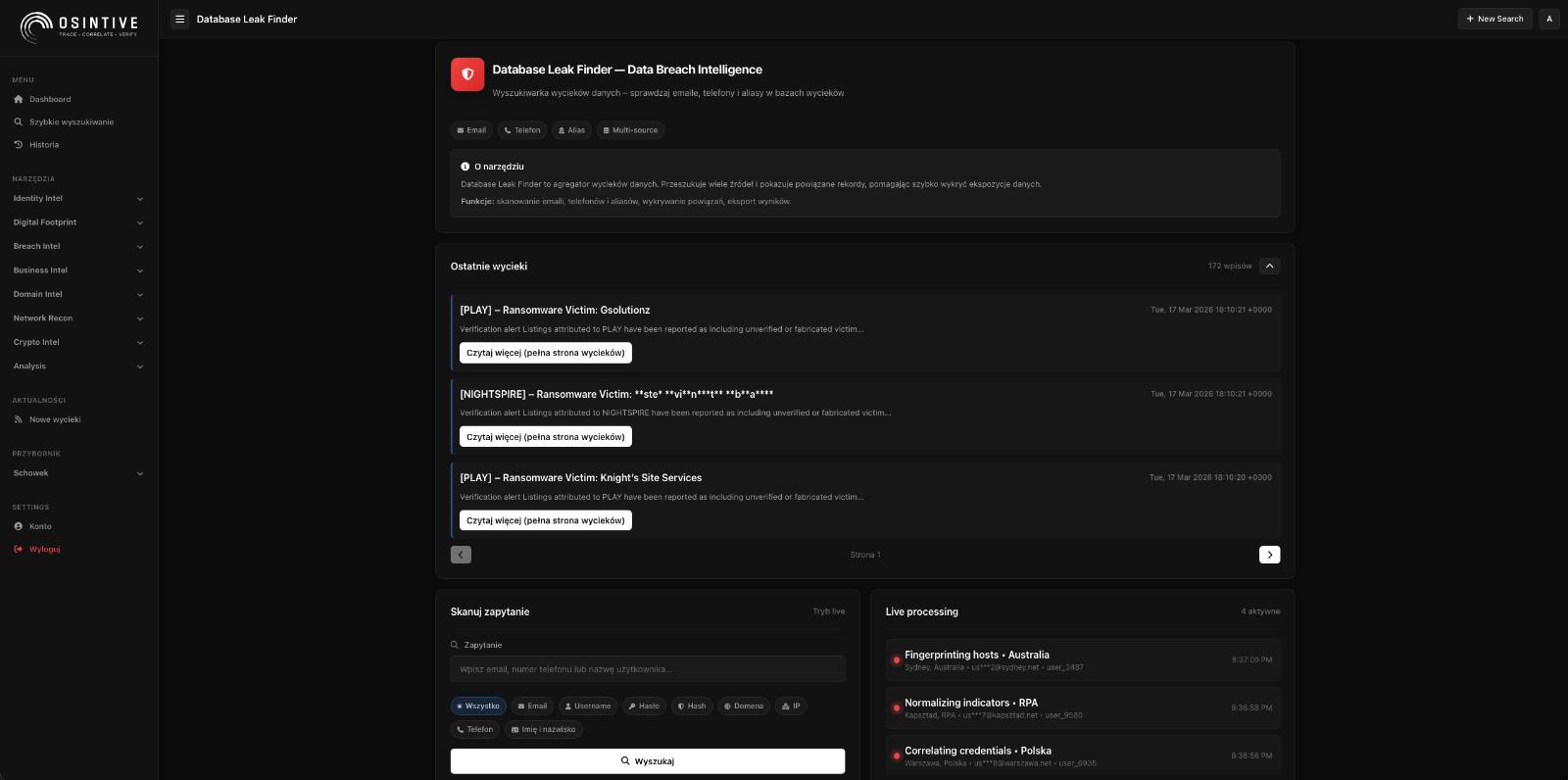 Widok narzędzia Database Leak Finder w OSINTIVE